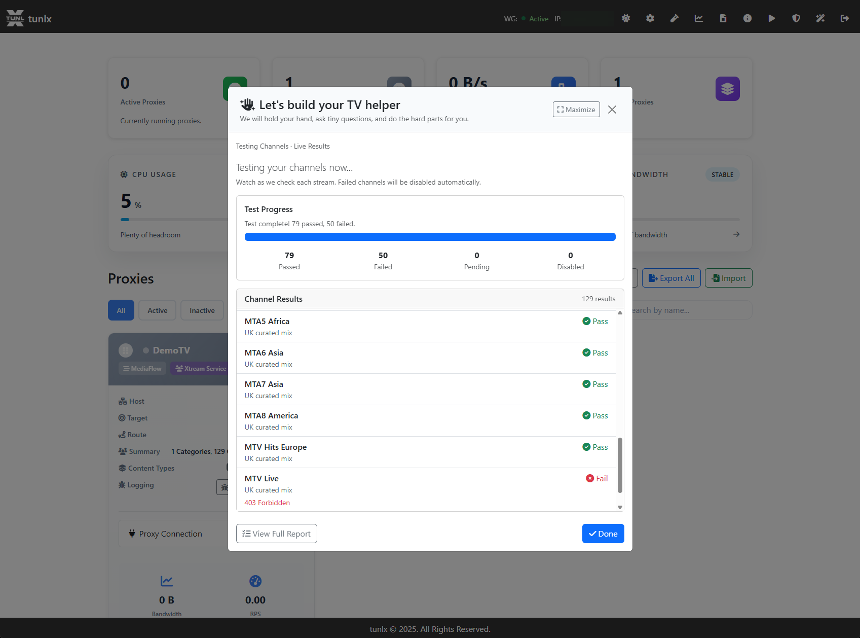 Wizard TV helper Select Test Channels